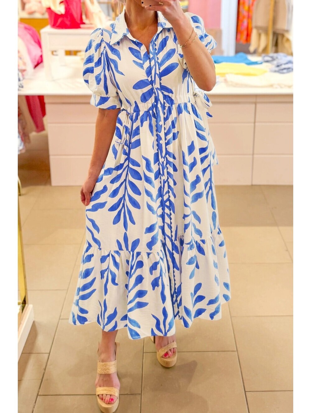 Blue and White Leaf Print Midi Dress with Puff Sleeves and Scalloped Collar - Picture 4 of 5